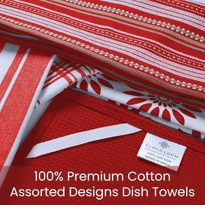 Assorted Kitchen Towels Large 16x26 inch 100% Cotton Set of 5 - Soft Absorbent Washable Tea Towel for Kitchen - Dish Cloths Towel with Hanging Loop - Quick Drying Dish Towels Red