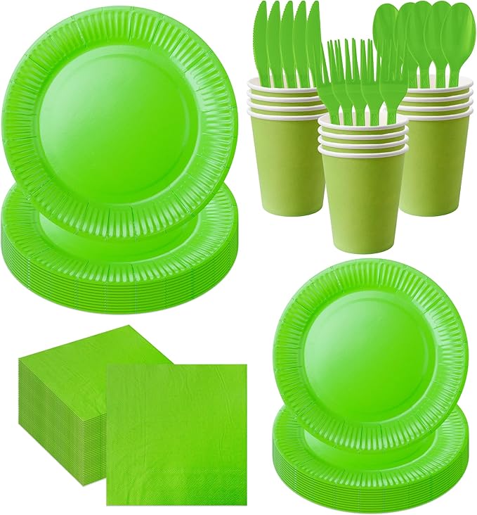 210pcs green Plates And Cups Party Supplies -Green Party Plates Plastic Silverware, Paper Cups And Napkins Serves 30 (Lime Green Paper Plates)