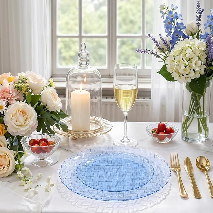 Festiva 60PCS Clear Blue Plastic Plates - Heavy Duty Weave Pattern Fancy Disposable Plates -serve for 30 guests Include 30PCS 10" & 30PCS 7" Plates for Birthday & Easter Party(Blue)