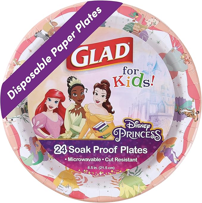 Glad for Kids Disney Princess Disposable Paper Plates, Magic is in All of Us Design - Heavy Duty, Soak-Proof, Microwavable Kid-Friendly Plates for Everyday Meals, 8.5 inch, 24 Count