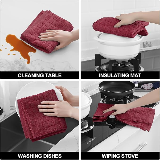 Homaxy Premium Cotton Kitchen Towels 16"x 28", Large Natural Ring Spun 390 GSM Dish Towels, Super Absorbent Terry Kitchen Hand Towels, Soft Tea Towels with Hanging Loop, Pure Red Design, 8 Pack