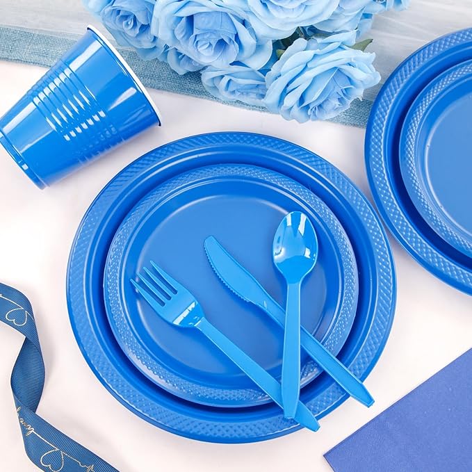 WELLIFE 210Pcs Blue Plastic Plates,Disposable Dinnerware Set,Party Supplies Including Blue Plates, 12oz Cups, plastic Cutlery and Napkins Serve 30 Guests, Plastic Plates for Party