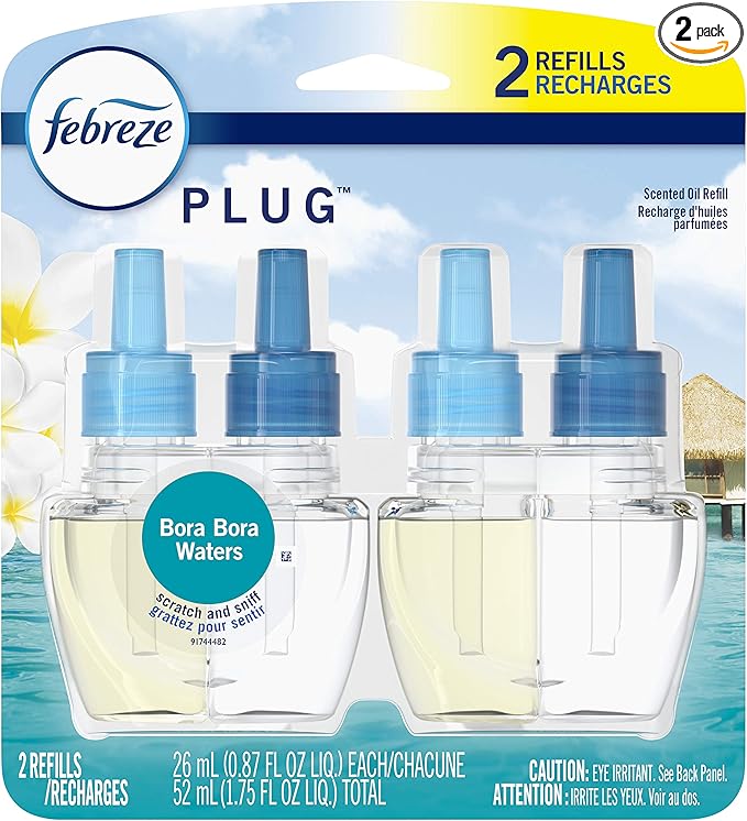 Febreze Plug In Air Freshener, Odor-Fighting Scented Oil Refill, Air Fresheners for Home and Bathroom and Kitchen, Long Lasting for Strong Odors, Bora Bora Waters Scent, 0.87oz Refills, 2 Count