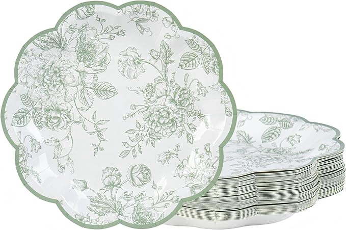 48 Pcs Sage Green Floral Party Plates Vintage Floral Leaf Disposable Paper Plates White Green Toile 7" Small Scalloped Dessert Plates for Spring Summer Garden Birthday Bridal Tea Party Supplies