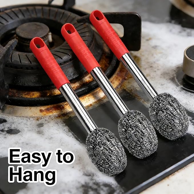 2PCS Steel Wool Scrubber with Handle Rustproof, Cast Iron Scrubber, Stubborn Messes Pot Brush, Remove Dirt for Cleaning Stoves,Sinks Dishes Grills Bowls & Metal Wire Sponge for Kitchens,Bathroom