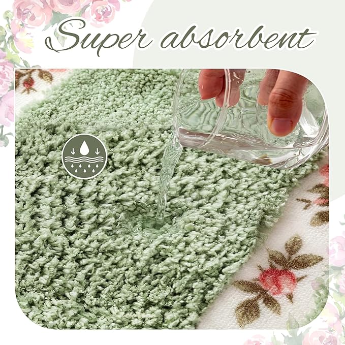 Drydiet 3 Pcs Rose Flowers Bathroom Rugs Set Coquette Room Decor Floral Carpet for Bathroom Bedroom Living Room, Floral Bath Mat Non Skid Romantic Rose Flower Area Rugs 3 Shapes (Green,Large)