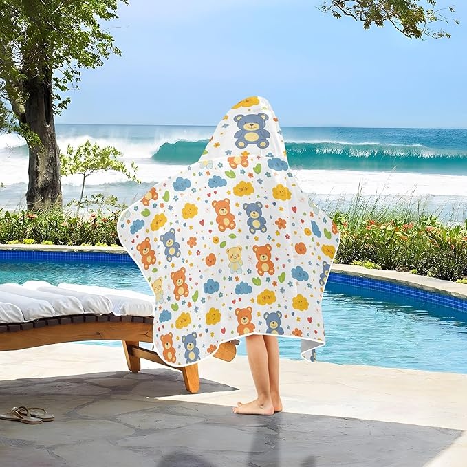 Kids Beach Towel Cartoon Bear Colorful Cute Hooded Beach Bath Towel Absorbent Kids Bath Towels with Hood