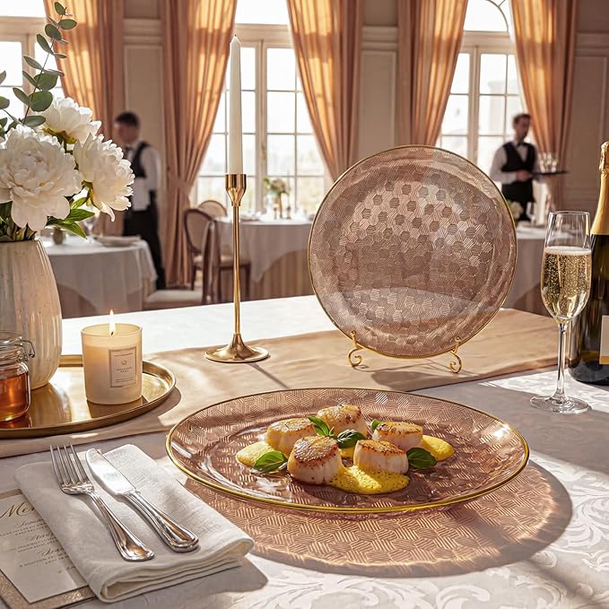 Festiva 60PCS Clear Brown Gold Plastic Plates - Heavy Duty Brown Disposable Plates With Gold Rim -serve for 30 guests Include Each 30PCS 10.25"&7.5" Honeycomb Design Plates for Party(Mocha Mousse)