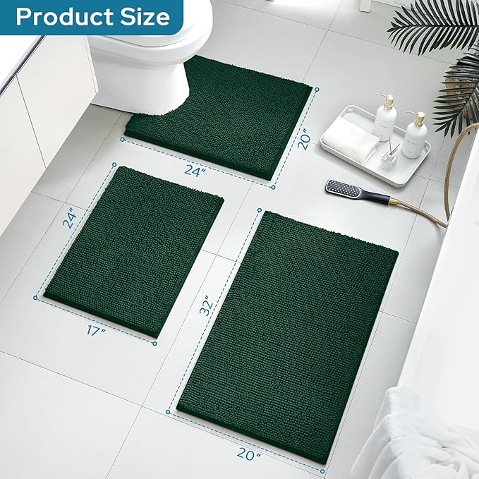 BYSURE Dark Green Bathroom Rugs Sets 3 Piece Non Slip Extra Absorbent Plush Chenille Soft Washable Bath Mats