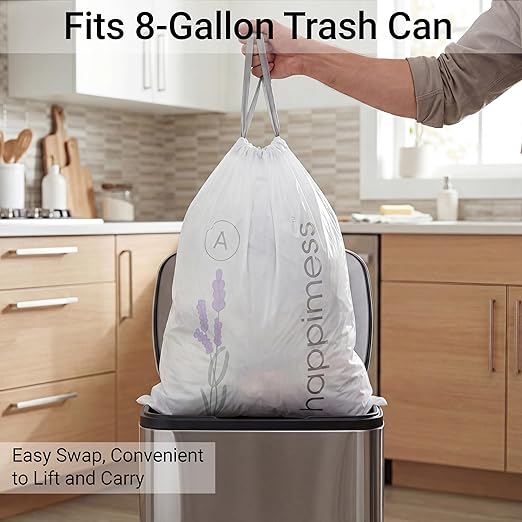happimess 8 Gallon (30L) Drawstring Trash Bags, Lavender Scent, White, Heavy Duty MDPE Liners for Kitchen and Household, Odor Control, Custom Fit 80 Count (4 Packs of 20 Liners) HPM3101A-W-4SET