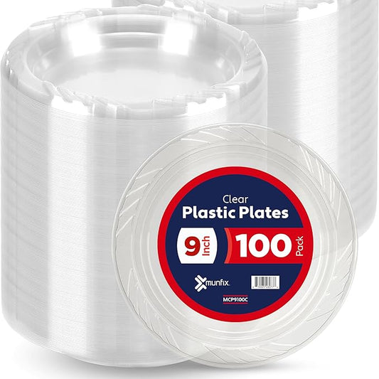 Munfix 100 Clear Plastic Plates Set - 9 Inch Disposable Dinner Plates Bulk Pack, for Party, BBQ, Picnic, Parties, Travel and Events, Microwavable Recyclable