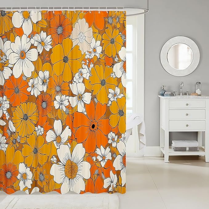 Boho Floral Bathroom Curtain 72"Wx84"L,Retro 1960S 1970S Groovy Flower Bath Curtain for Kid Boys Girls Teens,Orange Boho Hippie Psychedelic Shower Curtain Botanical Blossom Bathroom Decor Set