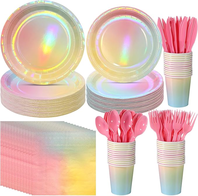 Iridescent Pastel Rainbow Party Decorations - Serve 50, Holographic Pastel Paper Plates and Napkins, Disposable Iridescent Rainbow Plates, Cups, Napkins for Girls Birthday, Wedding, Baby Shower