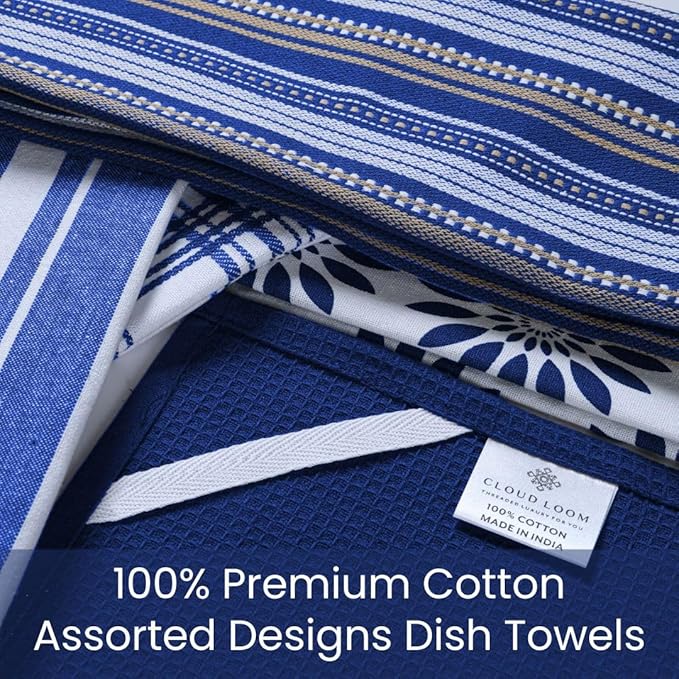 Assorted Kitchen Towels Large 16x26 inch 100% Cotton Set of 5 - Soft Absorbent Washable Tea Towel for Kitchen - Dish Cloths Towel with Hanging Loop - Quick Drying Dish Towels Blue