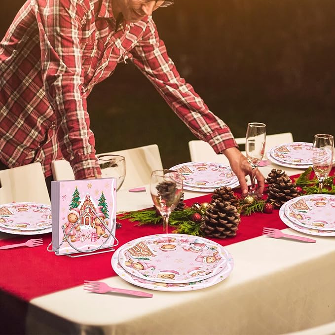 100 Pieces Pink Christmas Party Tableware Set – Gingerbread Round Plates, Napkins and Forks, Disposable Dinnerware for Christmas Birthday, Holiday and Winter Party Supplies