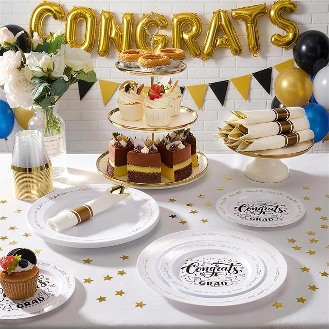 Goodluck 350 Piece Graduation Gold Plastic Dinnerware Set for 50 Guests, Congrats Grad Disposable Plates Include: 50 Dinner Plates, 50 Dessert Plates, 50 Cups, 50 Pre Rolled Napkins with Silverware
