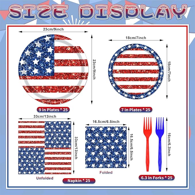 100 Pieces Patriotic 4th of July Tableware Set – American Flag Disposable Plates, Napkins and Forks, Glitter Stars and Stripes Party Supplies for Independence Day and Memorial Day Decorations
