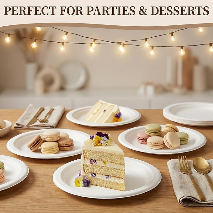 125 Pack 7 inch Paper Plates, Heavy-Duty Disposable Paper Plates 100% Compostable - Biodegradable Bagasse Dessert Plates Bulk for Party, Wedding, Snacks, Natural (7 Inch 125 Pack White)