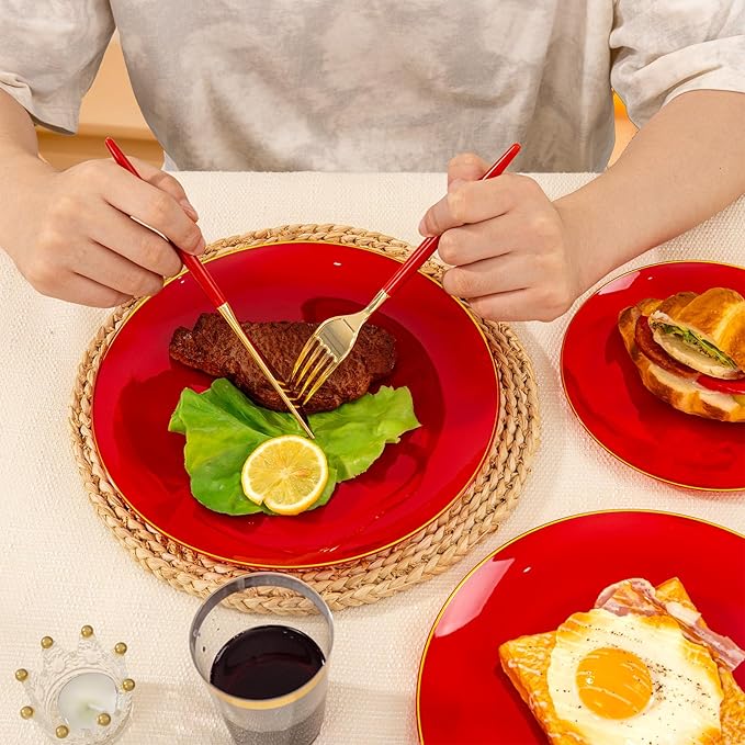 DaYammi 150Pcs Red Plastic Plates with Gold Rim,Fancy Disposable Dinnerware Set with Red Handle Gold Cutlery, Includes 30 Dinner Plate,30 Dessert Plate,30 Knives,30 Forks,30 Spoons for Party Wedding