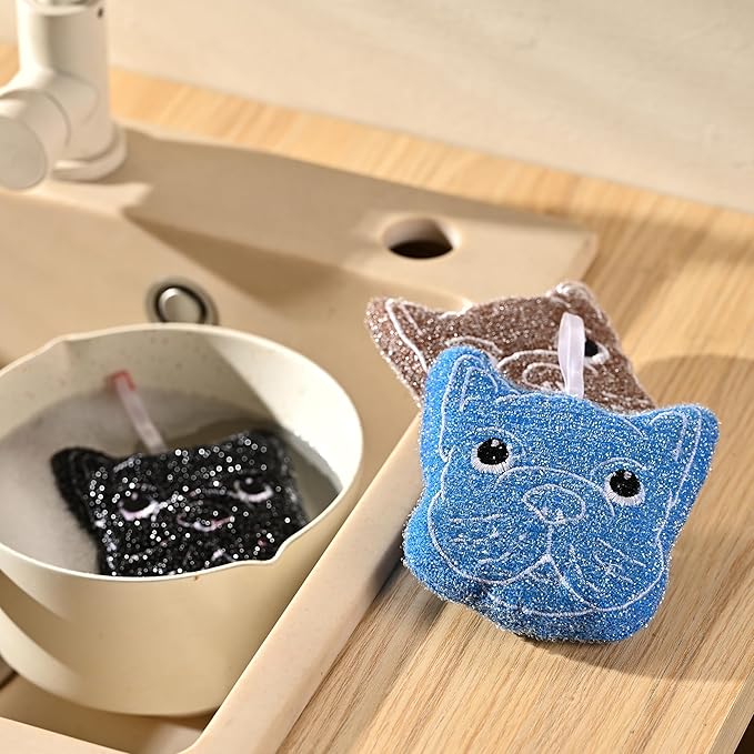 Fox Run Bulldog Kitchen Scrubber Set, Multicolor Pack of 3 Dog Sponges, 4.25" Non-Abrasive Cleaning Pads