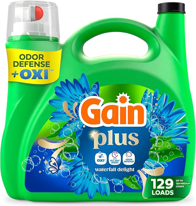 Gain Plus Liquid Laundry Detergent, Cleaner, Fresher, Now with Oxi, Waterfall Delight Scent, 170 fl oz, 129 Loads