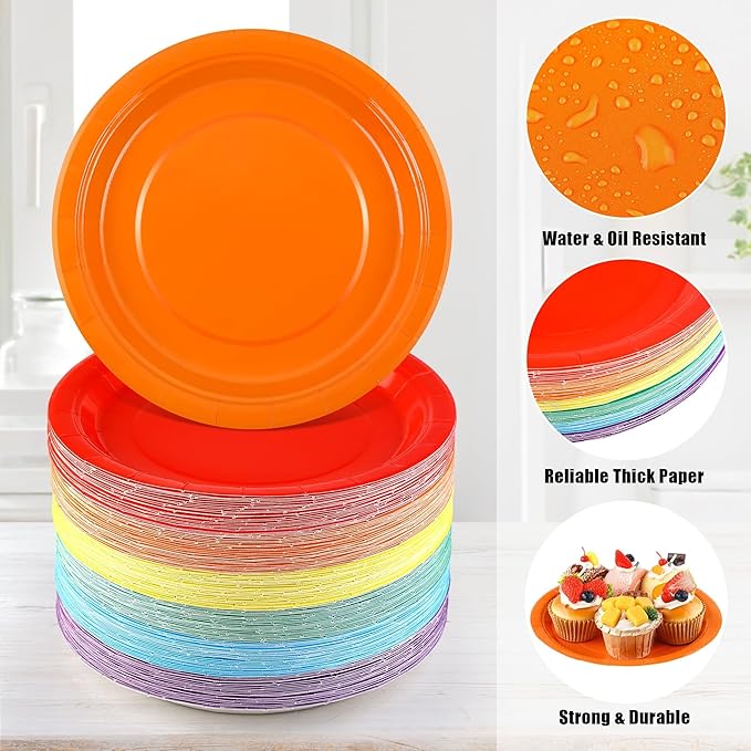 Kochorie 150 Pieces Rainbow Disposable Paper Plates 9 Inch Heavy Duty Dinner Plates, Solid Color, Table Decorations Party Supplies for Birthdays, Weddings, Daily Use