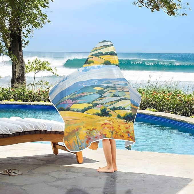 Hooded Towel for Kids Bright Colors Countryside View Beach Wrap Bath Towels 50x23.5in