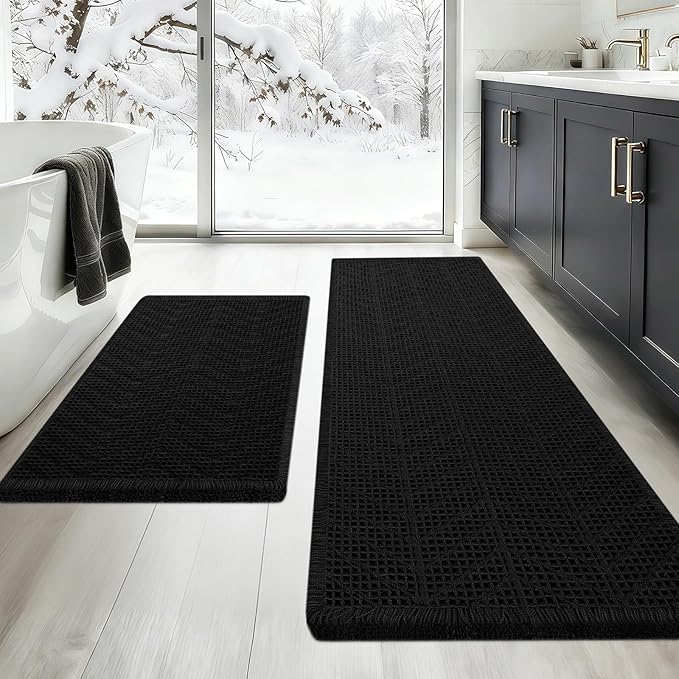 Upgraded Waffle Bath Mat Set 2 Piece Black-Herringbone, Super Absorbent Non-Slip Quick Dry Bathroom Rugs with Tassels, Machine Washable Ultra Soft Boho Bath Rugs, Toilet Mats Boho Farmhouse Decor