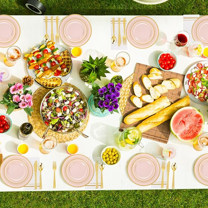 GATHER 700PCS Pink Plastic Plates - Gold Rim Disposable Plastic Dinnerware Set Include 200 Pink Plates, 300 Silverware, 100 Napkins, 100 Cups for Party & Wedding & Baby Shower