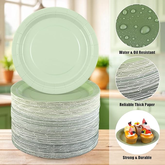 Kochorie 150 Pieces Sage Green Disposable Paper Plates 9 Inch Heavy Duty Dinner Plates, Solid Color, Table Decorations Party Supplies for Birthdays, Weddings, Daily Use