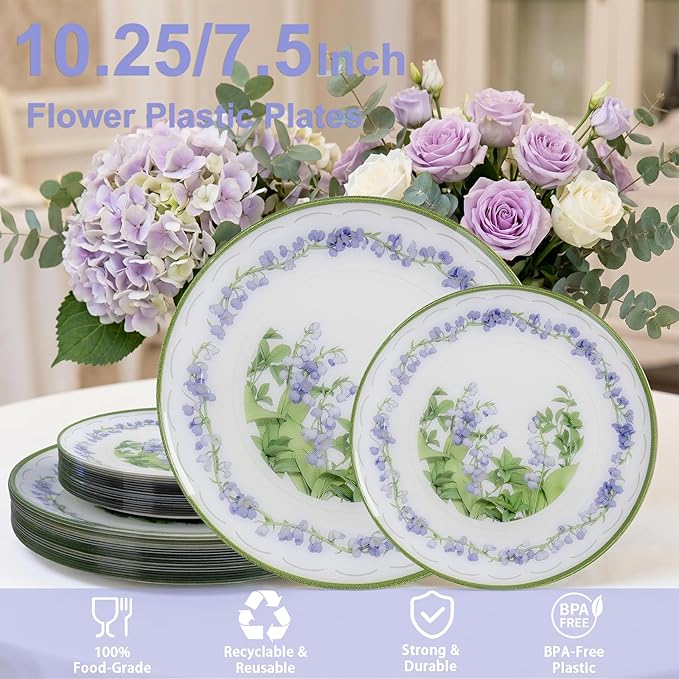 30Pcs Clear and Purple Plastic Plates - Purple Lily of the Valley Plates Disposable Heavy Duty, Perfect for Weddings, Tea Parties, Holidays - 10.25" Dinner & 7.5" Dessert Plastic Plate