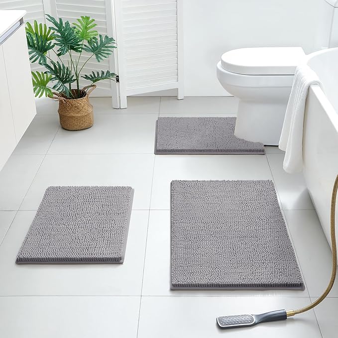 BYSURE Grey Bathroom Rugs Sets 3 Piece Non Slip Extra Absorbent Plush Chenille Soft Washable Bath Mats