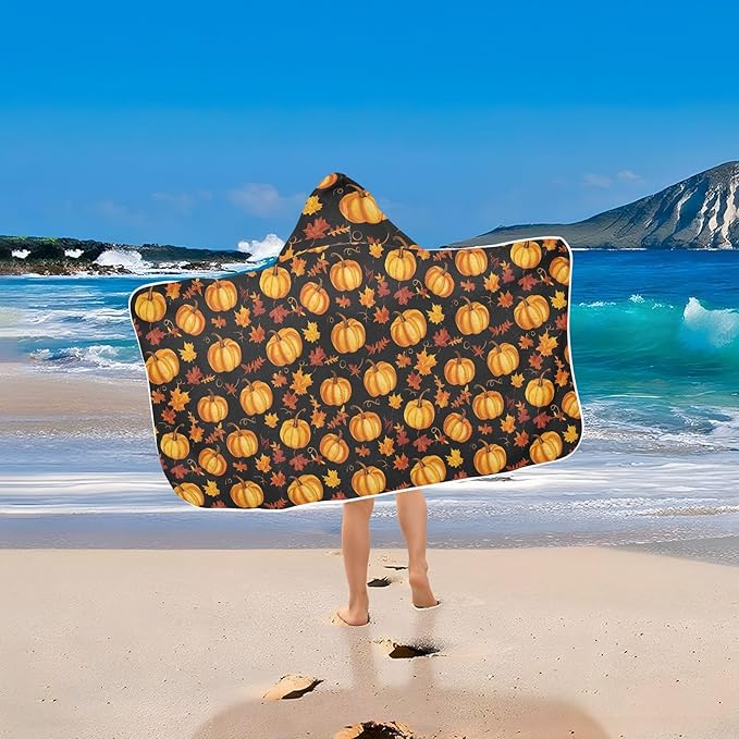 Kids Hooded Beach Towel Autumn Pumpkin Fall Maple Leaf Thanksgiving Hooded Boys Girls Towel Soft Bath Towels with Hood