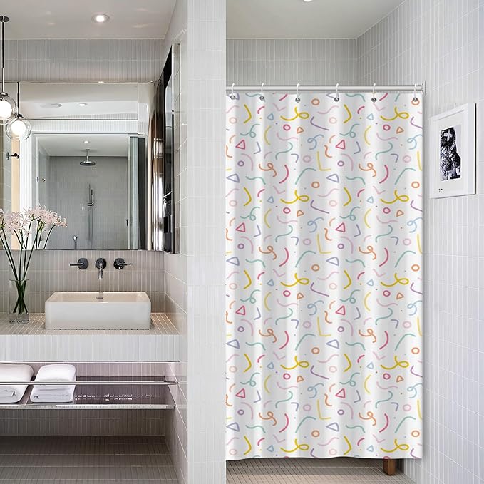 Cute Colorful Doodle Shower Curtains Playful Confetti Shower Curtain Decorative for Bathroom Pastel Waterproof Fabric Bathroom Decorations with Hooks 36x72 Inches