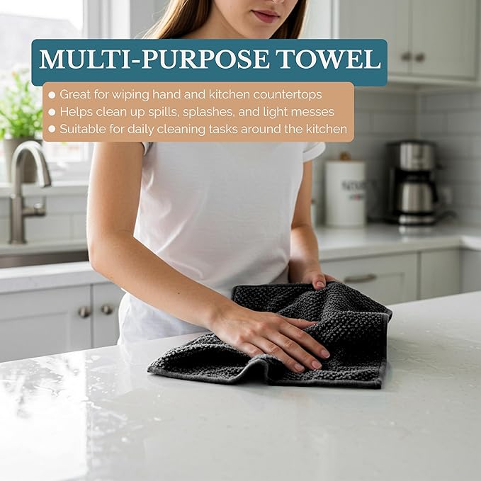 Casa Platino Kitchen Towel Set 8 Pc - 4 Dish Towels for Kitchen (16"x26") & 4 Dish Cloths (13"x13") - Absorbent, Quick Dry, Durable Cleaning Cloth & Hand Towels With Hanging Loop for Cleaning - Black.
