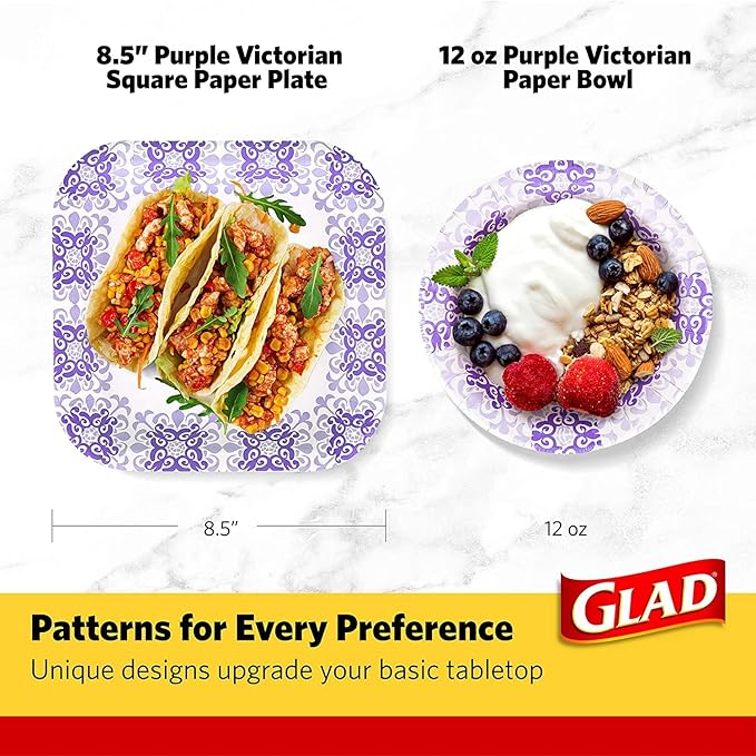 Glad Square Heavy Duty Paper Plates, Soak Proof and Cut Proof Disposable Plates for Parties and Everyday Meals, Microwaveable for Easy Serving, Purple Victorian Pattern, 8.5 Inch, 50 Count - 12 Pack