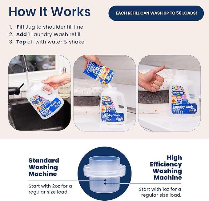 Truly Free Natural Laundry Detergent for Sensitive Skin | Eco Friendly, Plant Based, Baby Clothes Safe | Clean & Easy Powder to Liquid, 3 Detergent Packs + 1 Empty Reusable Jug | Unscented, 150 Loads