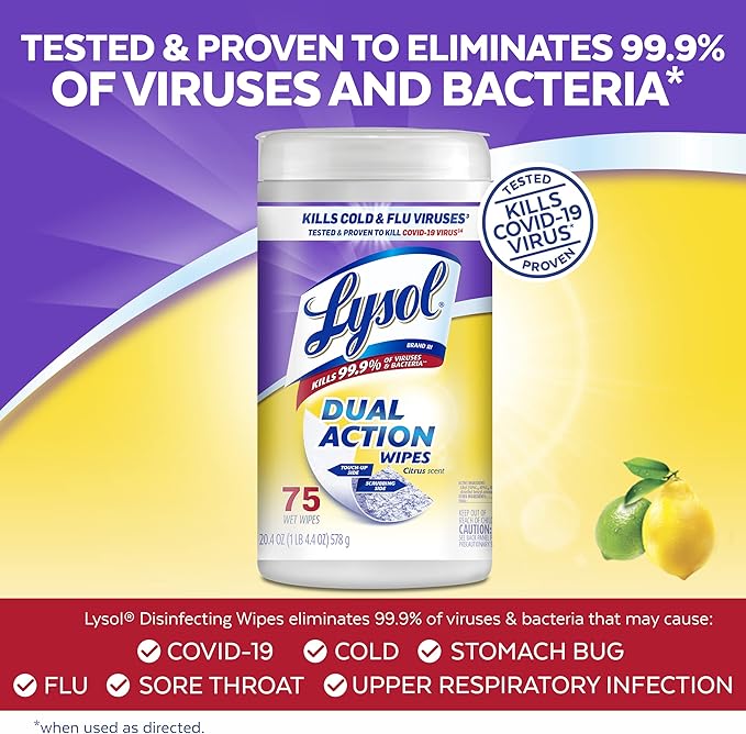 Lysol Dual Action Disinfectant Wipes, Multi-Surface Antibacterial Scrubbing Wipes, For Disinfecting and Cleaning, Citrus Scent, 75ct (Pack of 6)