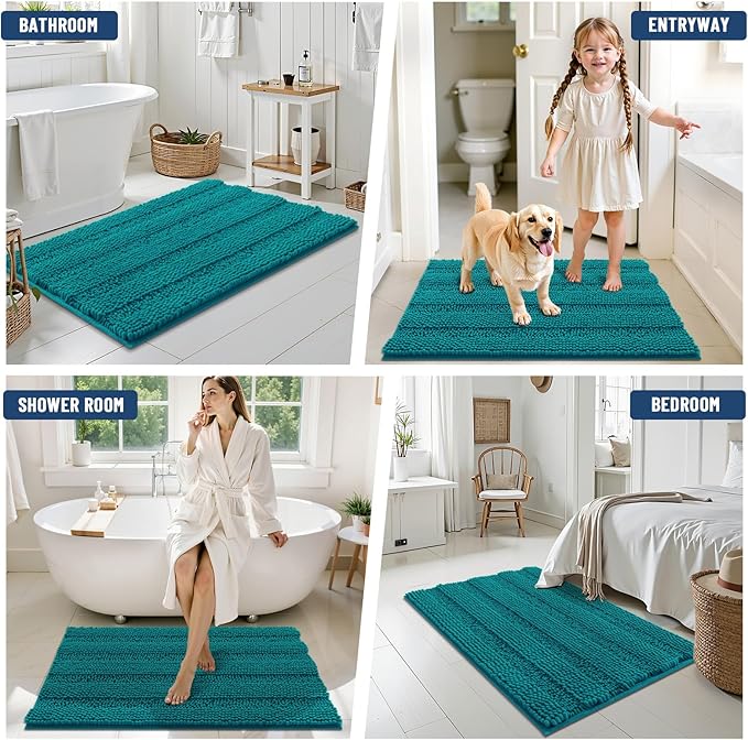 Grandaily Chenille Striped Bathroom Rugs 24x16, Extra Thick and Soft Absorbent Bath Mats, Rubber Backing, Plush Shaggy Shower Carpet, Machine Wash Dry, Bath Rug for Bathroom, Deep Lake