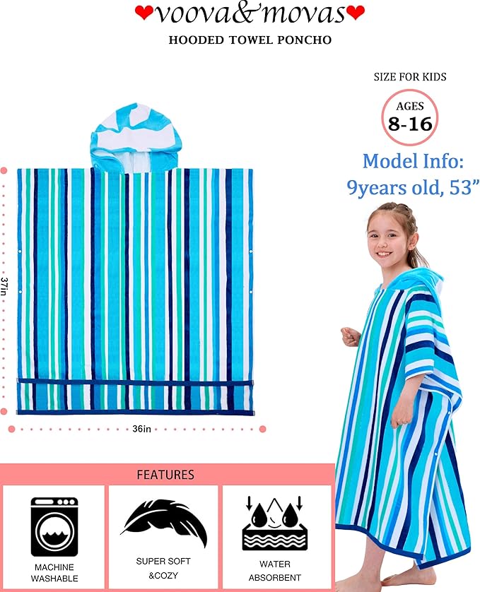 VOOVA & MOVAS Teens Boys Hooded Poncho Towels (8-16Years), 100% Cotton Absorbent Poncho Towel Robe for Kids, Perfect for Pool, Beach, Bath and Gifts, Blue Green Stripe