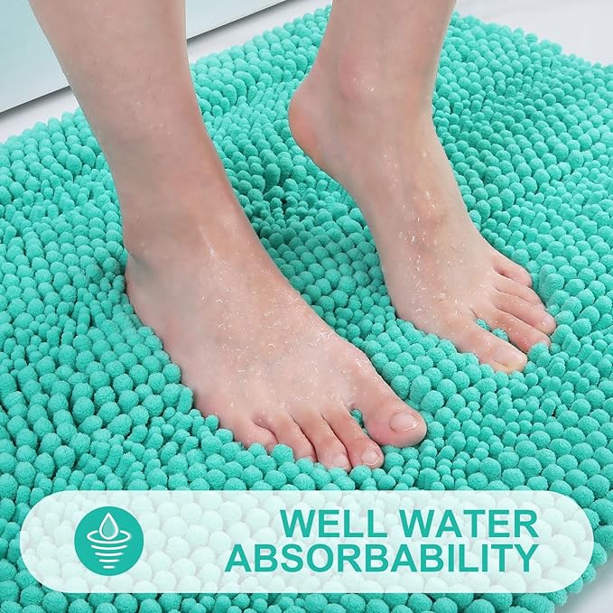 Grandaily Chenille Striped Bathroom Rugs 47x32, Extra Thick and Absorbent Bath Mats, Non-Slip Soft Plush Shaggy Shower Carpet, Machine Wash Dry, Bath Rug for Bathroom, Teal