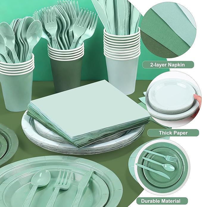 Kochorie 169 Pieces Sage Green Party Supplies Gradient Green Disposable Dinnerware Set Include Plates, Cups, Napkins Plastic Cutlery, Tablecloth for Wedding Birthday Party Decorations, Serve 24 Guests