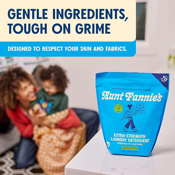 Aunt Fannie's Extra Strength Powder Laundry Detergent, Stain Fighting, Plant Based, Natural Ingredients, 70 Loads Per Bag, Eucalyptus, 88 Oz