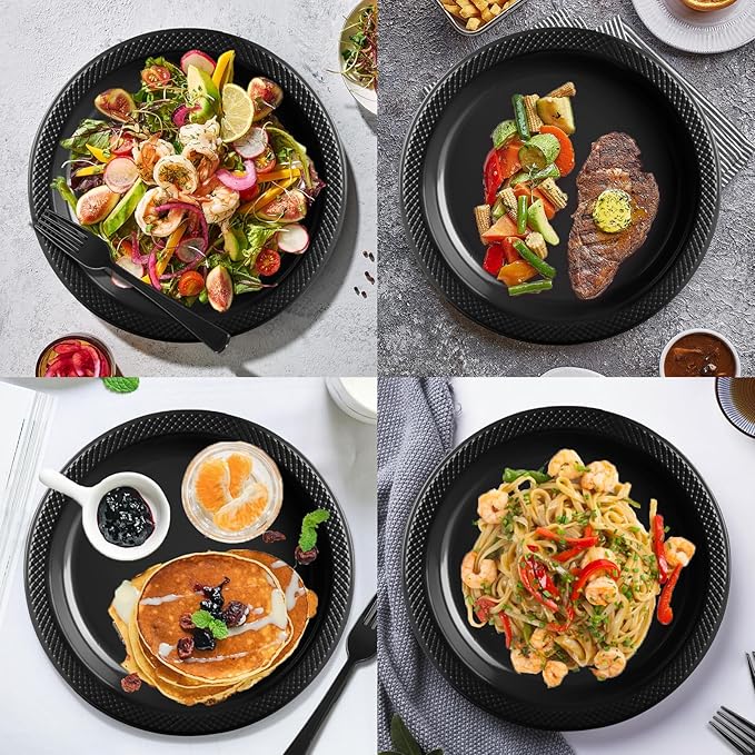 Black Plastic Plates, 25 Guest Disposable Dinnerware Set for New Year, Black Party Supplies, Includes 25 Dinner Plates, 25 Dessert plates, 25 plastic Cutlery, 25 Napkins and 25 12 oz Cups