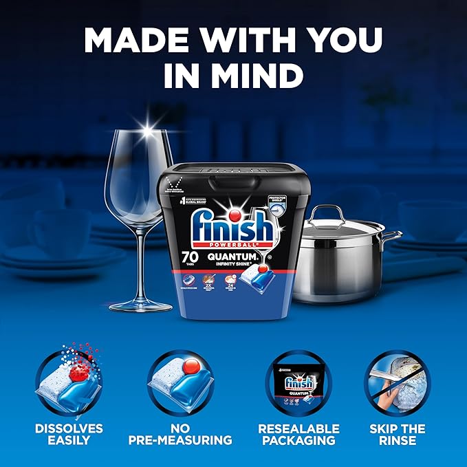 Finish Quantum Dishwasher Pods, No Pre-Rinse Dishwasher Detergent Soap Removes 24HR Dried-On Stain and Grease, Leaving a Virtually Spotless Shine, Unscented, 70 Count