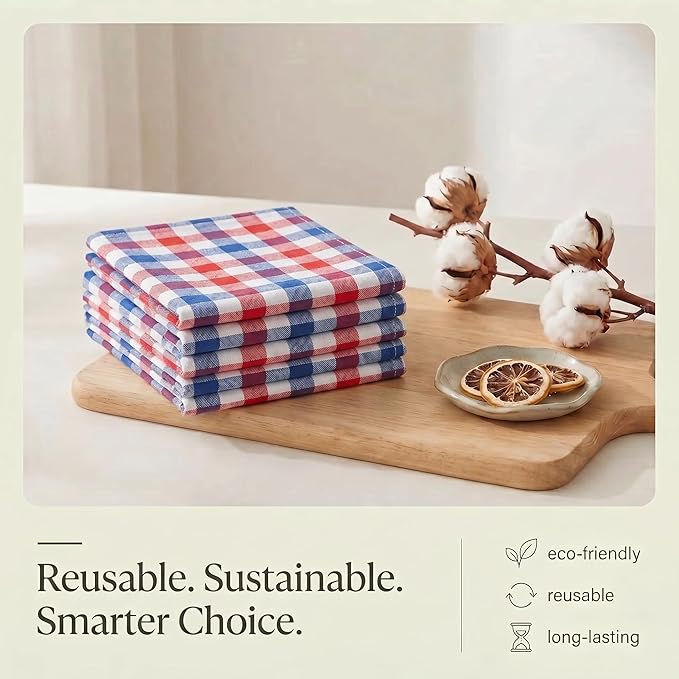 Urban Villa July 4th KitchenTowels Red/Blue/White DishTowels 100% Cotton (Set of 6) 20X30 Inches Buffalo Checks Highly Absorbent Soft Durable Reusable & Washable Kitchen Towels