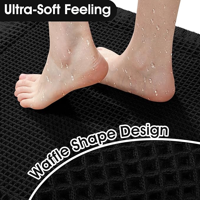 Upgraded Waffle Bath Mat, 32"x20" Black-Bordered, Super Absorbent Non-Slip Quick Dry Bathroom Rugs with Tassels, Machine Washable Ultra Soft Boho Bath Rugs for Floor, Toilet Mats Boho Farmhouse Decor