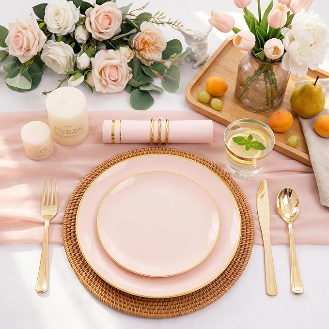 NOCCUR 350PCS Pink Plates Disposable - Pink Gold Plastic Dinnerware Set for 50 Guests Include 100 Dinner/Dessert Plates,150 Cutlery,50 Cups&50 Napkins - Ideal for Party/Wedding/Mother's Day