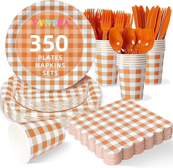 Vyntra 350 Pcs Orange & White Checkered Gingham Paper Plates and Napkins Set for 50, 9" Dinner Plates & 7" Dessert Plate, Halloween Fall Birthday Party