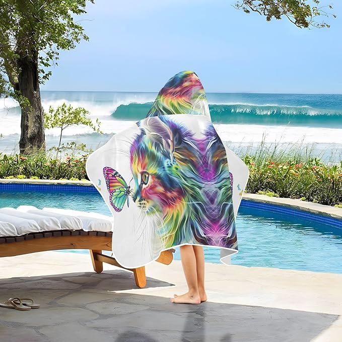 Hooded Towel for Kids Cat of Multiple Colors Staring at Butterfly Beach Wrap Bath Towels 50x23.5in